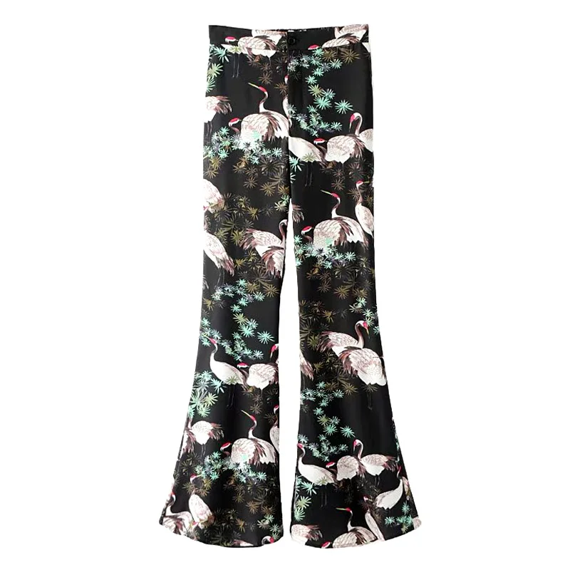 Брюки клеш расклешенные брюки Лето 2017 г. японского журавля Отпечатано эластичный