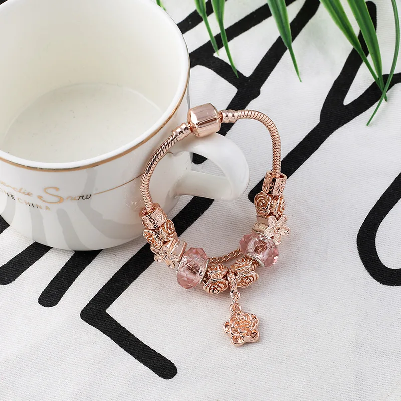 Подходит к оригинальному браслету с подвеской Rosa Beads Весна розовое золото цвет цветок безопасная цепь браслеты для женщин модные ювелирные изделия DIY Pulseras