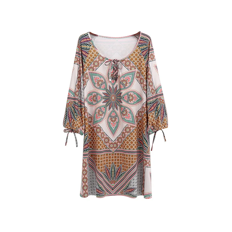 DealBang Summer Beach Bar Women Sexy Bohemian Dress 2017 New Madam O-Neck Print 3/4 Sleeves Mini Loose Dresses | Женская одежда
