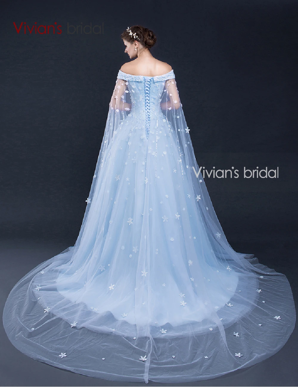 Vivian's Bridal синее свадебное платье 2016 Цветок без шнурка Кружева Тюль A Line