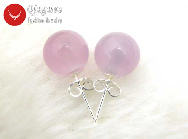 Qingmos Round Natural Jades Earrings for Women with 8mm Pink Trendy Stering Silver 925 Stud Earring-ear133 | Украшения и