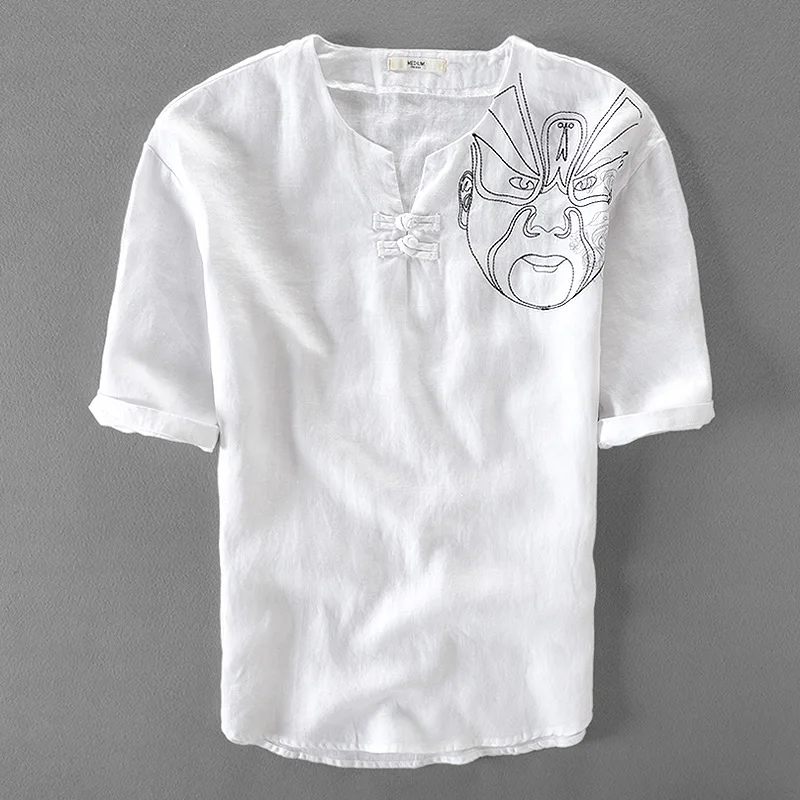 Рубашка Мужская льняная с вышивкой однотонная белая рубашка коротким рукавом