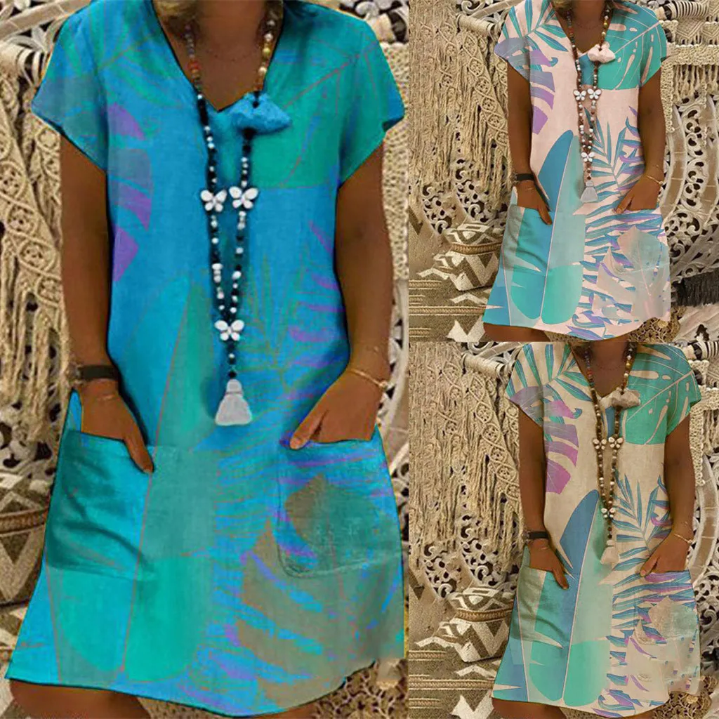 Dress Vestidos Dress Women Sukienki Vestido Short Sleeve V Neck Casual Pocket Printed Tunic Dress Knee Holiday 5xDress платье Z4