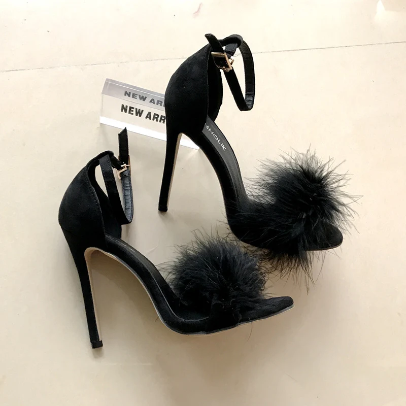 Party Shoes For Women High Heel Sandals Sexy Shoe Buckle Strap Pump Ladies Feather Round Toe Sandal Gig Size 43 | Обувь