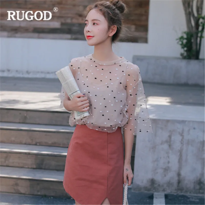 Женская футболка RUGOD летняя прозрачная Сетчатая с коротким рукавом и блестками 2