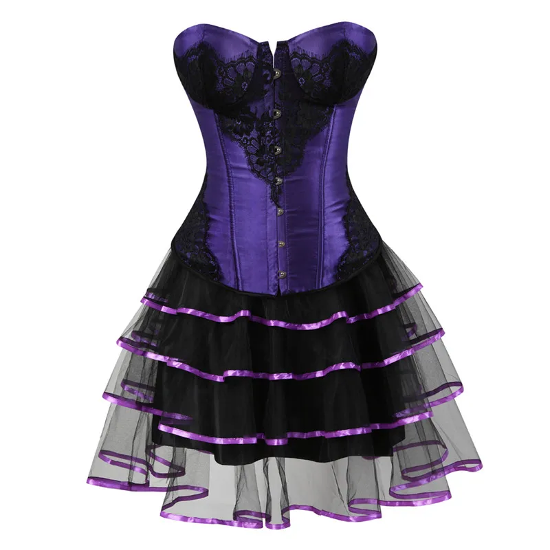 

Women Burlesque Corsets Dress Sexy Vintage Lace Floral Overbust Corsets and Bustiers with Skirt Halloween Witch Costumes Purple