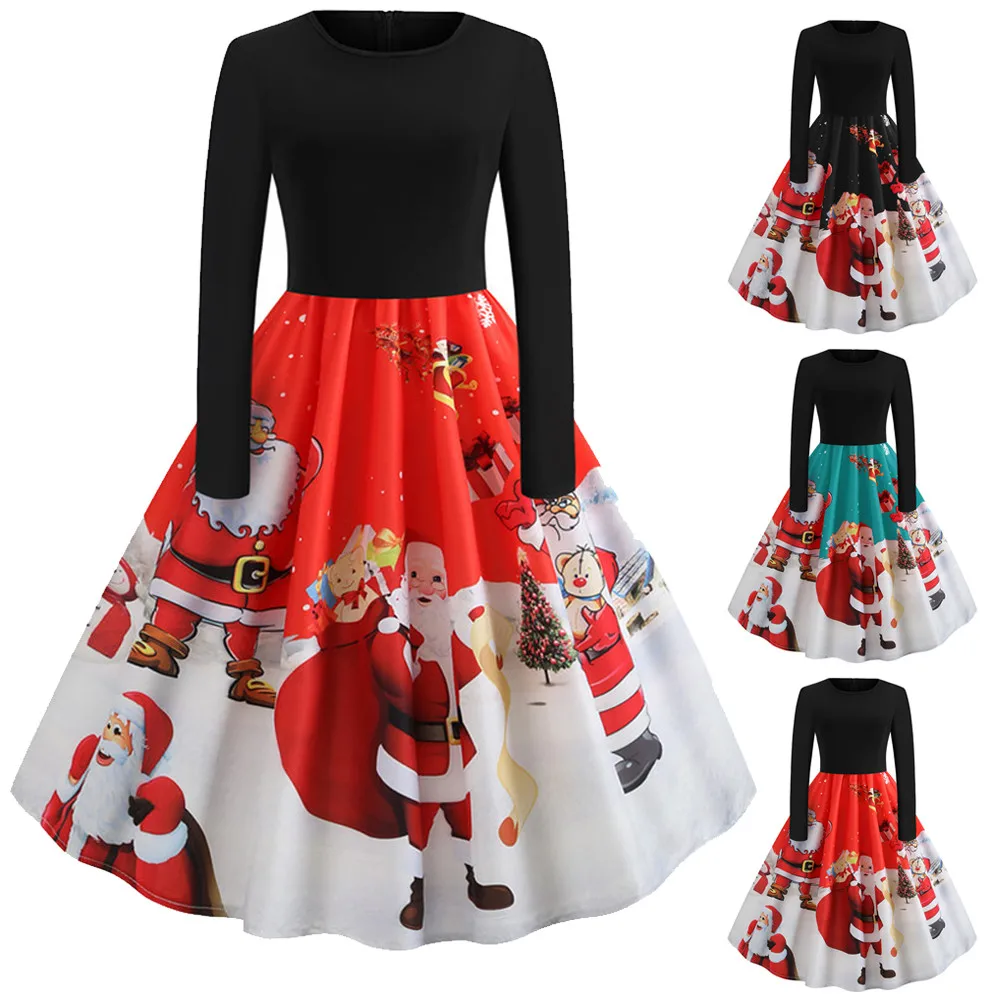 Рождественское платье vestido женское винтажное с длинными рукавами и круглым