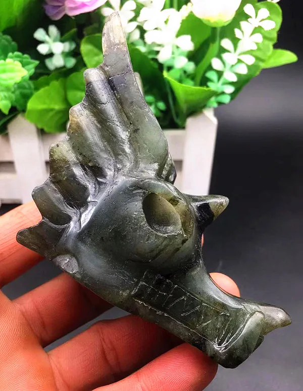Natural labradorite Dragon Skull/Head crystal healing carving |