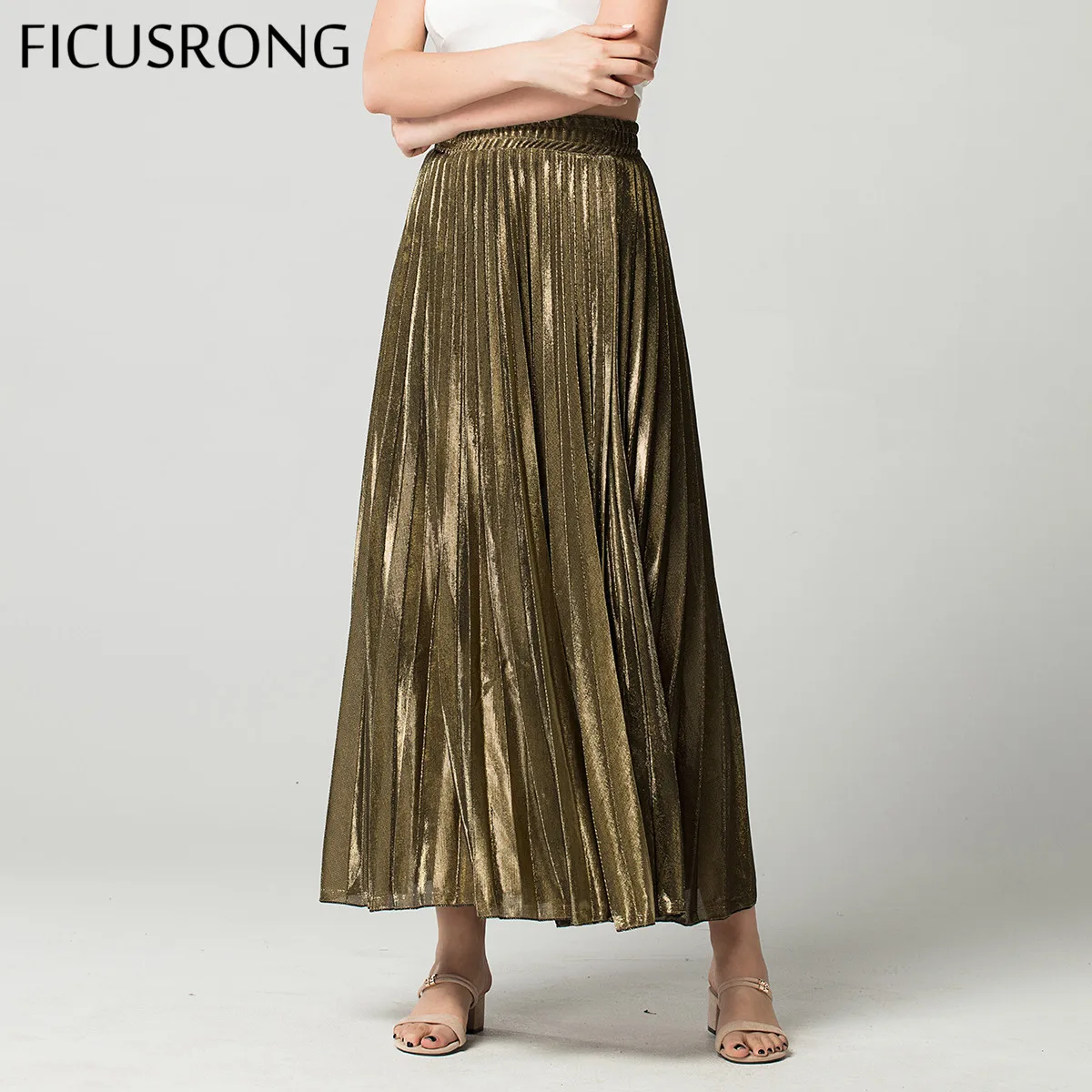 Spring Skirts Golden High Waist Slim Pleated Skirt Women's Simple Autumn A-line Streetwear Beach FICUSRONG | Женская одежда