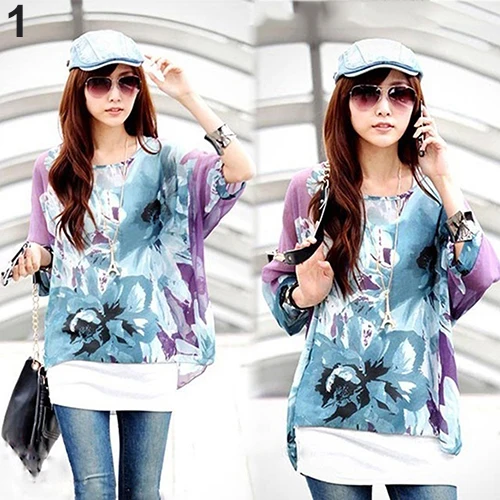 Для женщин летние богемные рукав &quotлетучая мышь&quot шифон склонны плечо блузка