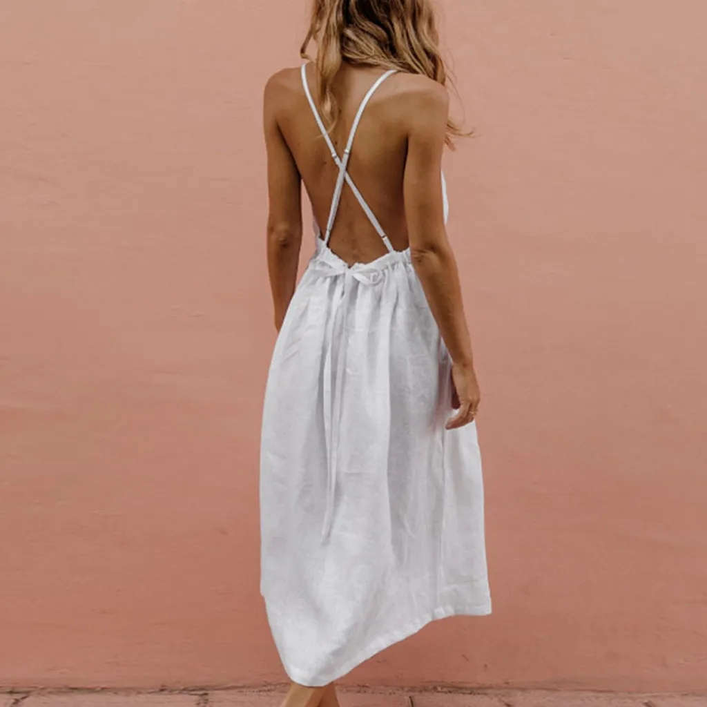 Women Sleeveless Cotton Linen Long Dress Casual V Neck Loose Bohemian Ladies Beach Summer 2019 Robe Femme Vestidos Fashion | Женская