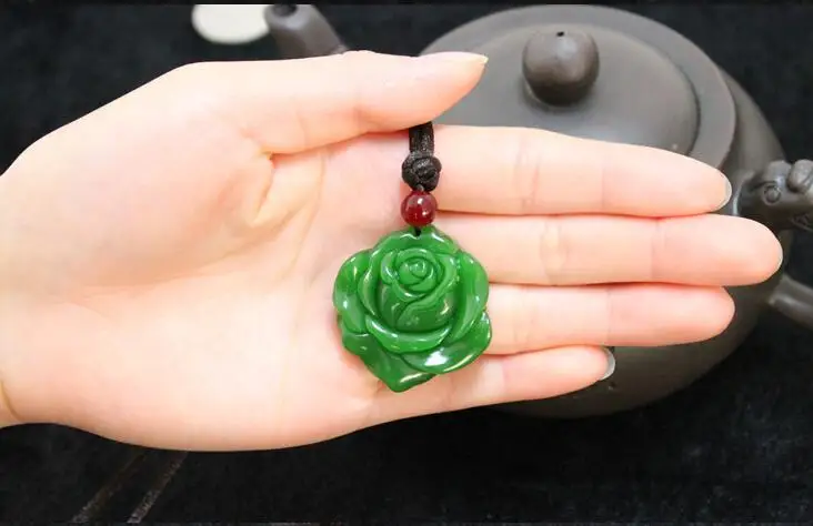 Сертификат натуральный зеленый нефрит розы кожа/бусы с подвеской веревка Lucky Amulet