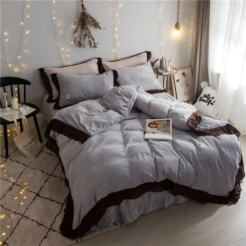 Новинка 2017 зимние черные кружевные комплекты постельного белья флисовая ткань