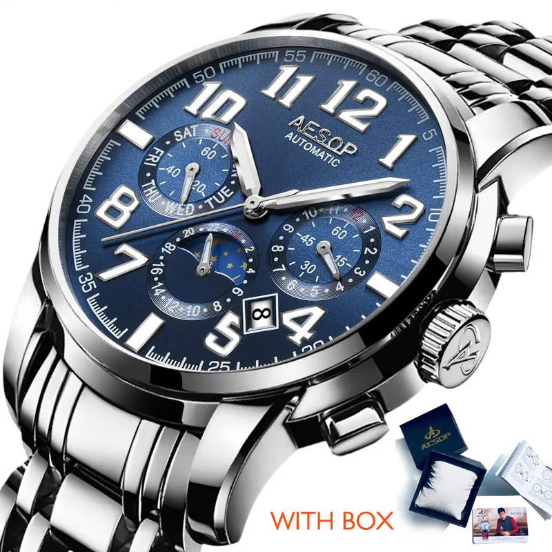 Blue silver Box Aesop мужские часы, мужские брендовые автоматические механические противоударные водонепроницаемые наручные часы, мужские часы - Цвет: Blue silver Box