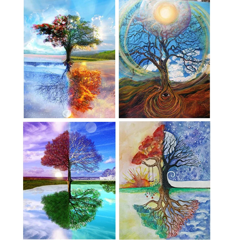 Алмазная живопись четырехсезонная мозаика с деревом Хрустальная 5D Вышивка