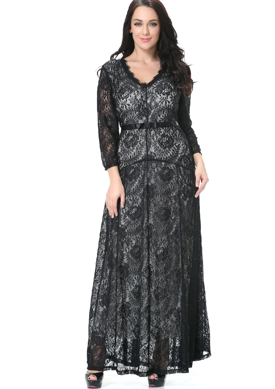 

TUHAO Party V Neck Sexy Dress Lace Black Women's Dresses Maxi High Waist Slim Lady Solid Color Spring Autumn Long CM204