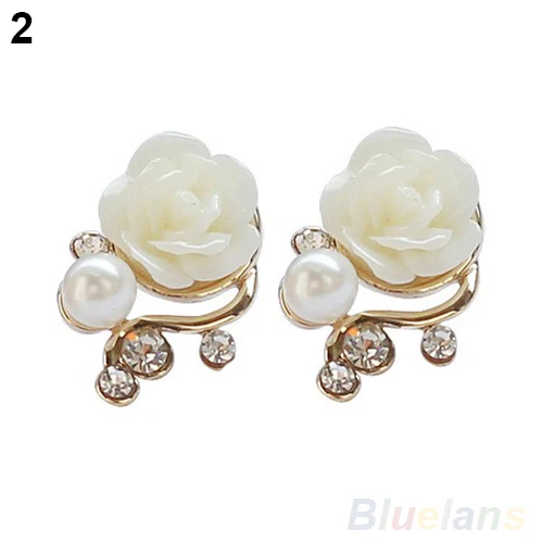 Korean Style OL Pink Rose Flower Shiny Crystal Rhinestone Pearl Stud Earrings 00UP | Украшения и аксессуары