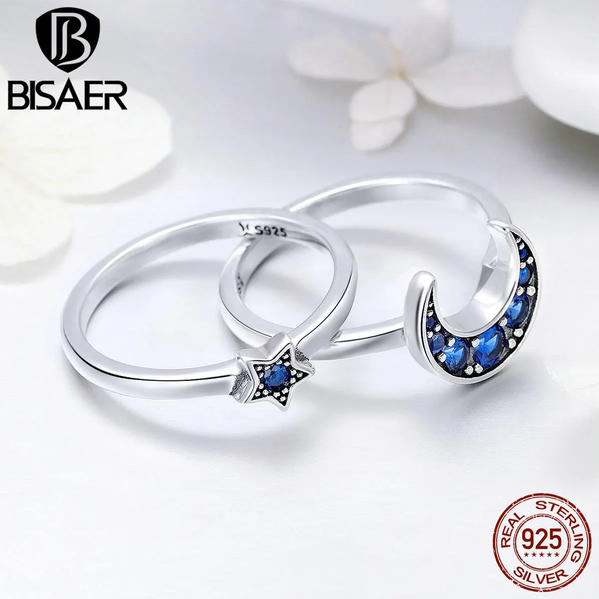 BISAER 2 шт серебряное кольцо 925 пробы Серебряное кольцо с Луной и звездой для женщин сверкающий Синий CZ палец Анель серебряные ювелирные изделия ECR412