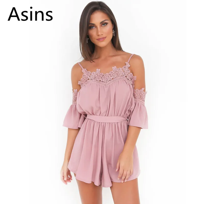 

Asins Siamese shorts women 2019 summer new casual fashion v neck short sleeve solid color sashes chiffon sexy sling playsuits