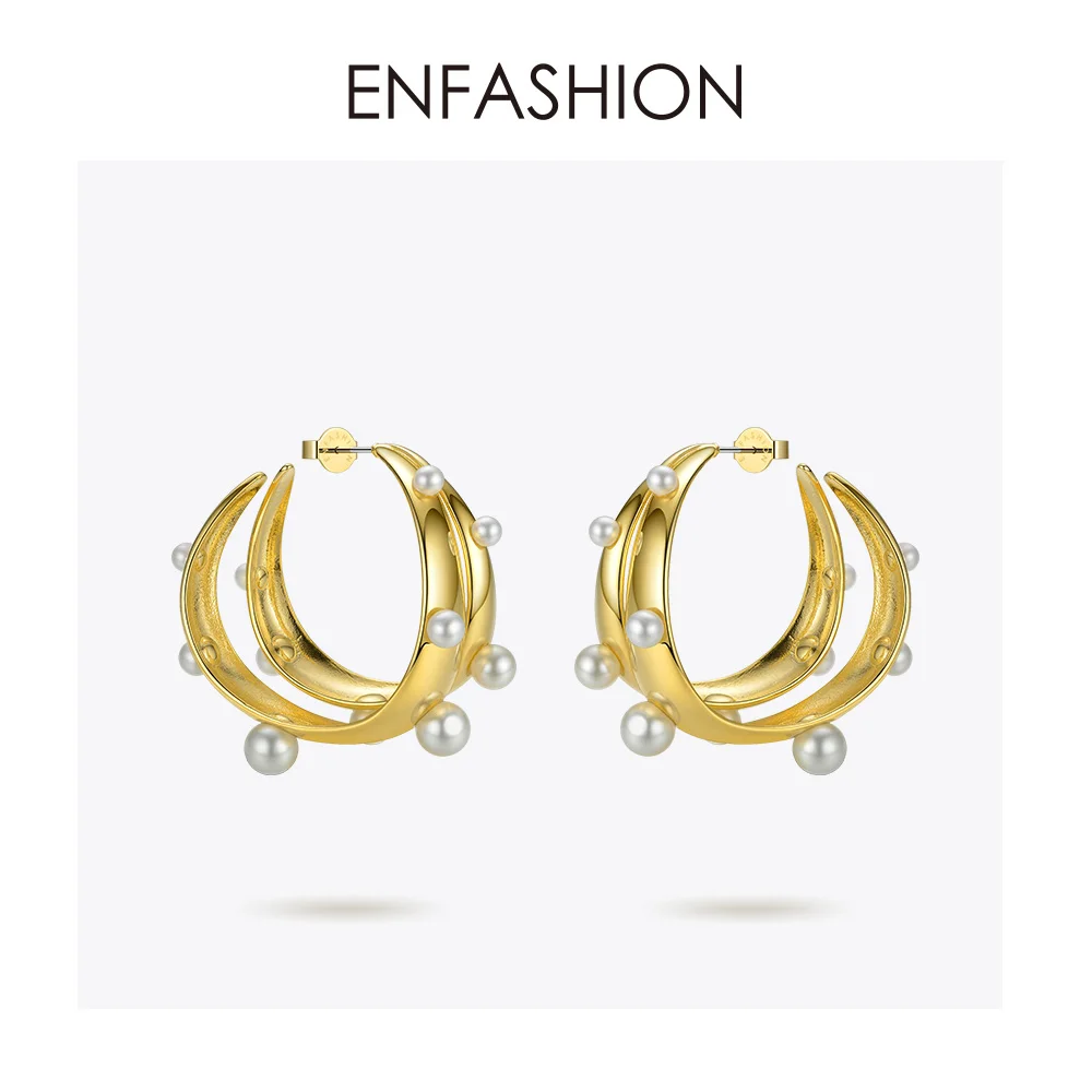 Женские серьги кольца ENFASHION в стиле панк с жемчугом золотистого цвета большие