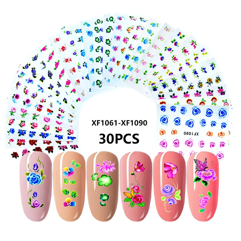 30 шт цветок наклейки для ногтей Переводные бабочки животные кружева перо клейкие