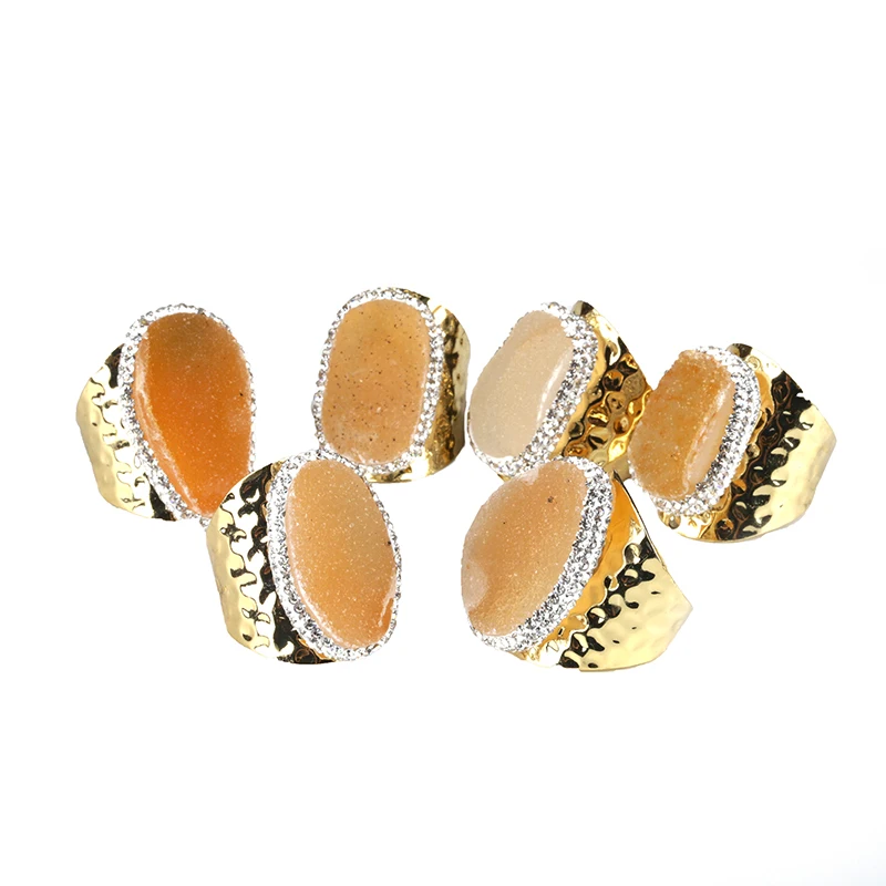 Натуральное шампанское Грубая Druzy Drusy Кристальный камень Золотое кольцо со