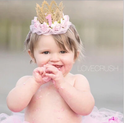 

2016 Rose Flowers Gold Lace Crown Headband for kids Hair Accessories Birthday Gold Crown for Girls Photography Prop
