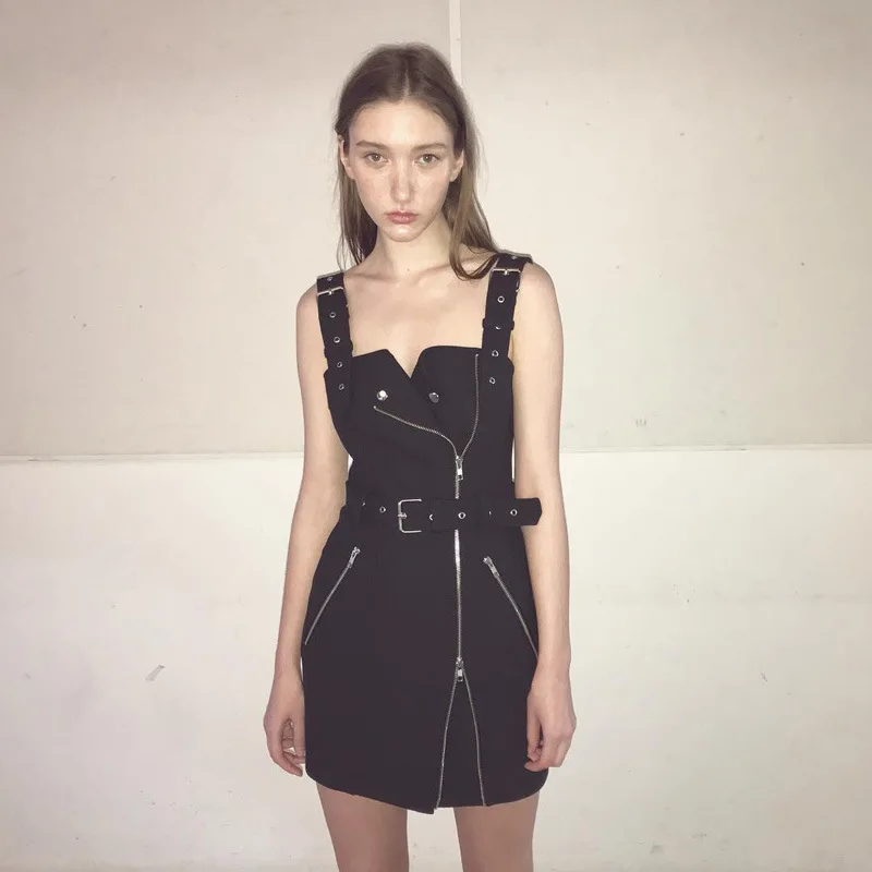 UIDEAZONE Gothic Dark Zipper Belt Eyelet Women Dress Punk Strap Female Red Plaid 2019 New Summer | Женская одежда