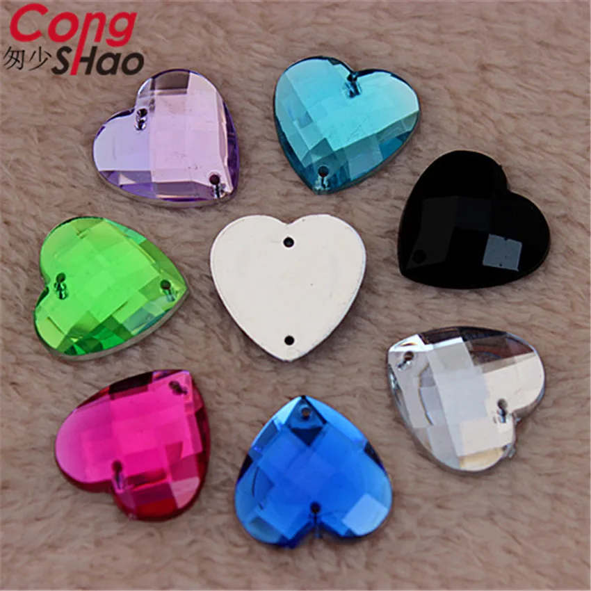 

Cong Shao 100 шт. 16 мм акриловые стразы в форме сердца, драгоценные камни с плоской задней стороной, швейные пуговицы с 2 отверстиями для костюма CS121