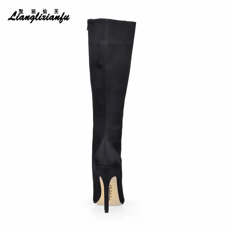 

LLXF Stilettos sexy Pointed Toe shoes woman Knee-High Boots 12cm Thin Heels botas mujer Motorcycle Black Party pumps Plus:42 43