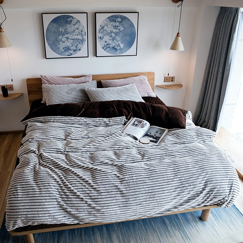 Зимняя мода кристалл Бархат полоса сторона A + B Пододеяльник Простыня наволочка