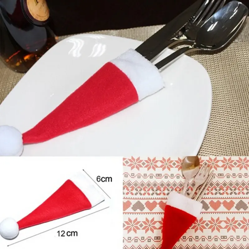 Hot Christmas Caps Cutlery Holder Fork Spoon Pocket Decor Bag Knife Set Cover Supplies Mini Santa Hat | Дом и сад