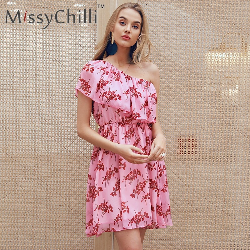 Женское мини платье с оборками MissyChilli розовое в стиле бохо цветочным принтом и