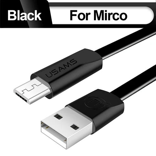 Micro USB зарядное устройство для samsung huawei Xiaomi 1,2 м, USAMS плоский кабель для синхронизации данных провод Быстрая Зарядка Кабели для мобильных телефонов кабель - Цвет: Black
