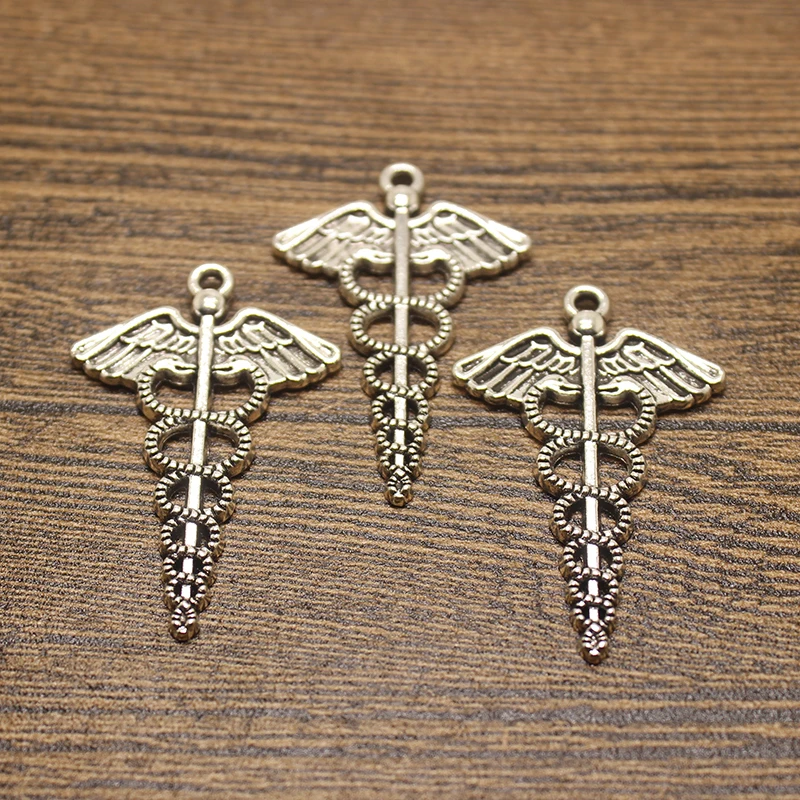 10 шт с Кадуцей Медицинский амулет АНТИЧНЫЙ ТИБЕТСКИЙ серебристый тон 45х29 мм|charms