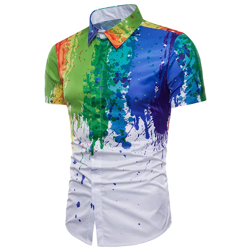 

2021 Summer New Slim Short Sleeve 3D Print Shirt Men Stylish Splash Ink Dress Shirt Men Casual Shirts Camisa Social Masculina