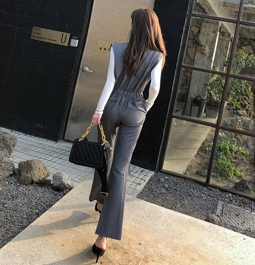

JSXDHK Business 2019 Summer Gray Work Jumpsuit Women Formal Notched Collar Sleeveless OL Overalls Slim Flare Trousers Jumpsuit