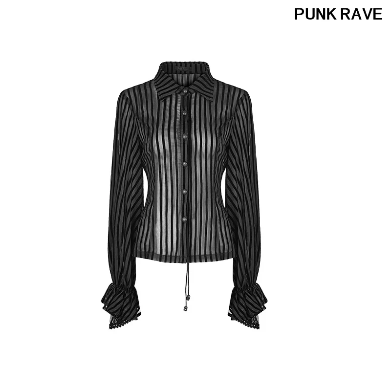 

Fashion Women Transparent Striped Shirt Steam popular Lantern Sleeve Ace Cuffs Corns Lacing Simple Shirt PUNK RAVE WY-823CCF