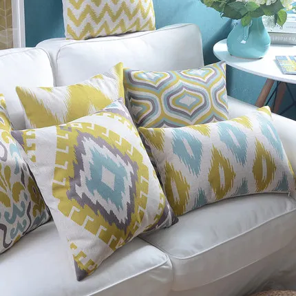 Льняная наволочка для подушки винтажный Желтый Синий Геометрический Рисунок