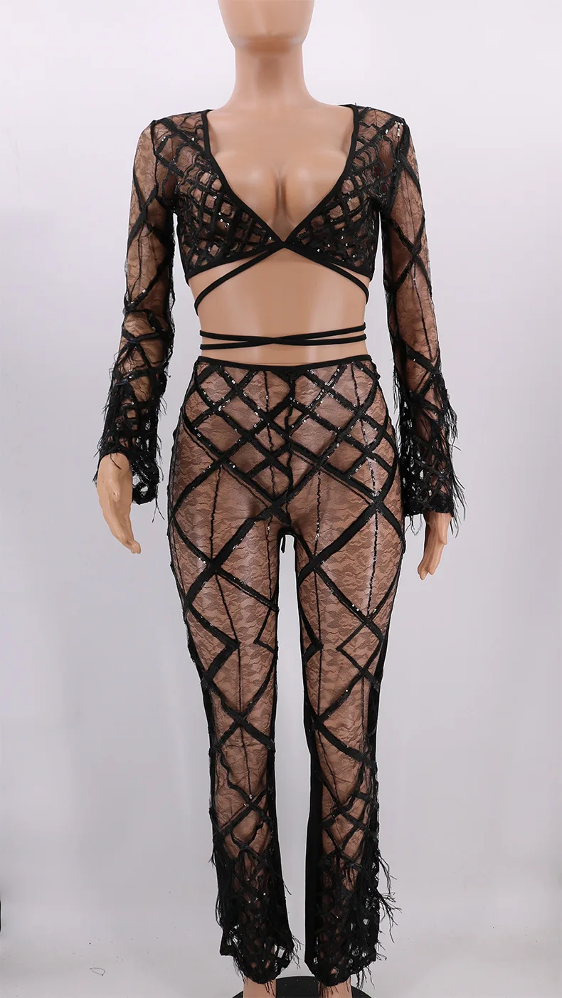 

Two piece set women Autumn Spring elegant sexy long sleeve V-Neck Top & Pants Night Out Celebrity Party Set Lace for Woman