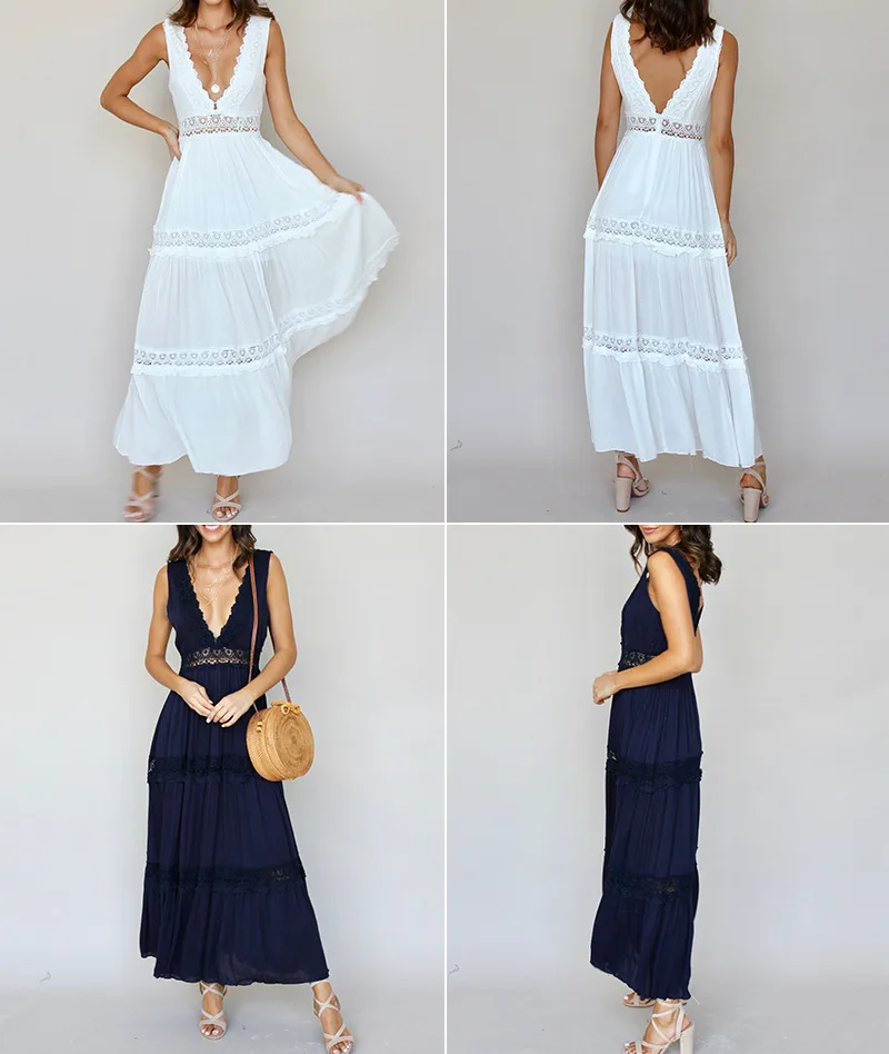 Лоскутные кружевные богемные макси платья для женщин с длинным v образным