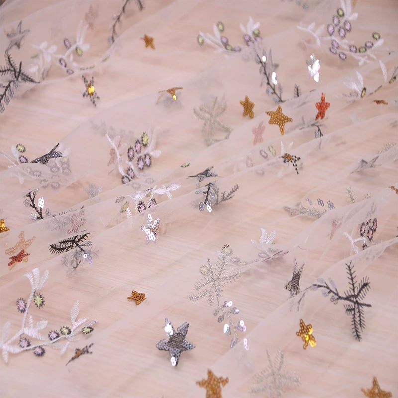 Кружевная ткань с вышитыми звездами и блестками кружевная в нигерийском стиле 2018