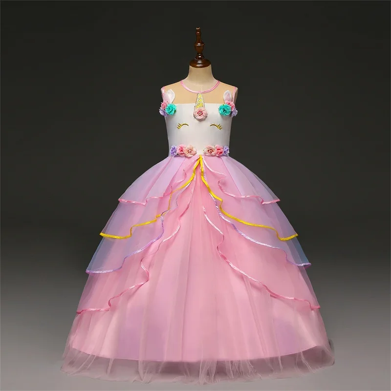 6 Layers Birthday Party Girls Unicorn Dress Floor Length Backless Ceremonial Dresses Kids Floral Sleeveless Long Evening | Детская
