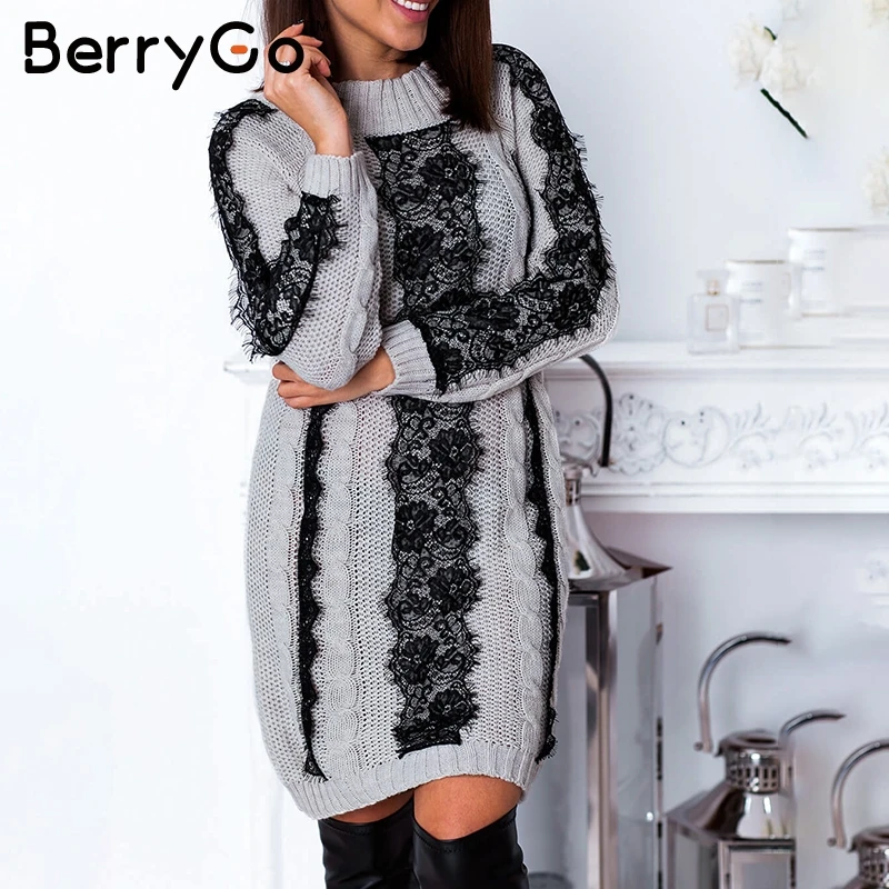 BerryGo кружевное трикотажное платье-свитер женское элегантное осенне-зимнее