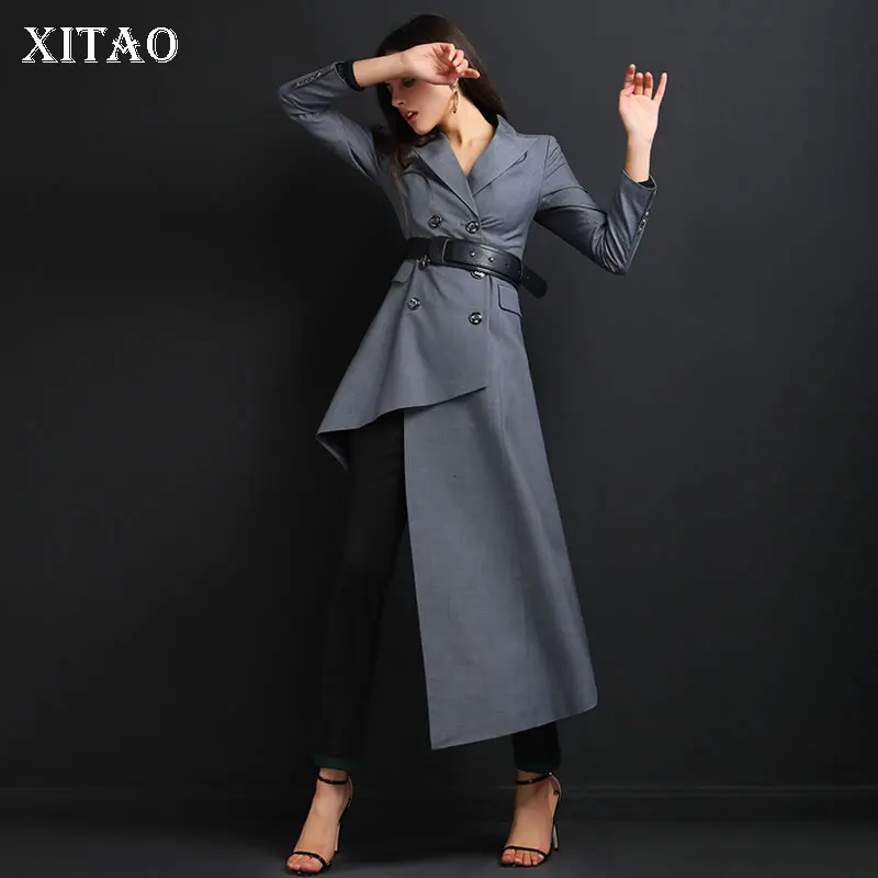 [XITAO] длинный женский модный двубортный ассиметричный однотонный отложной