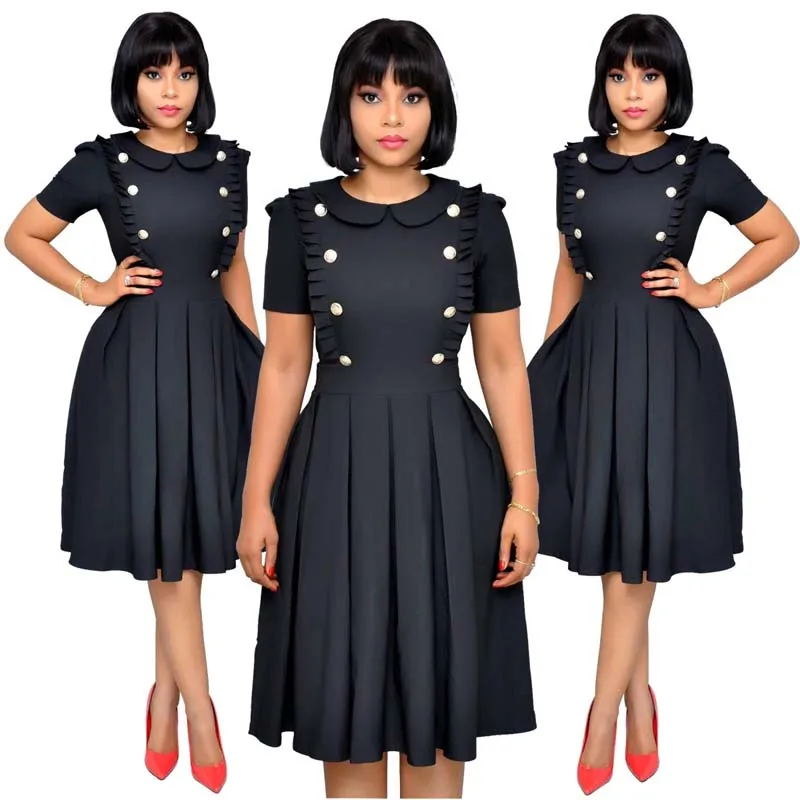 Женское офисное платье с оборками плиссированное до колена коротким рукавом