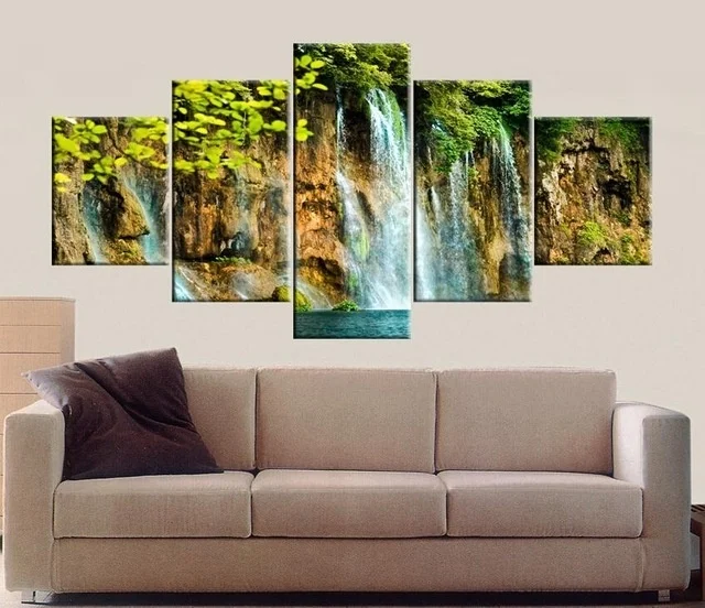 

Высокое качество, 5 шт., настенная живопись на холсте, картина маслом, HD принт, картина о «лесной водопад» для гостиной, домашнего декора, без ...