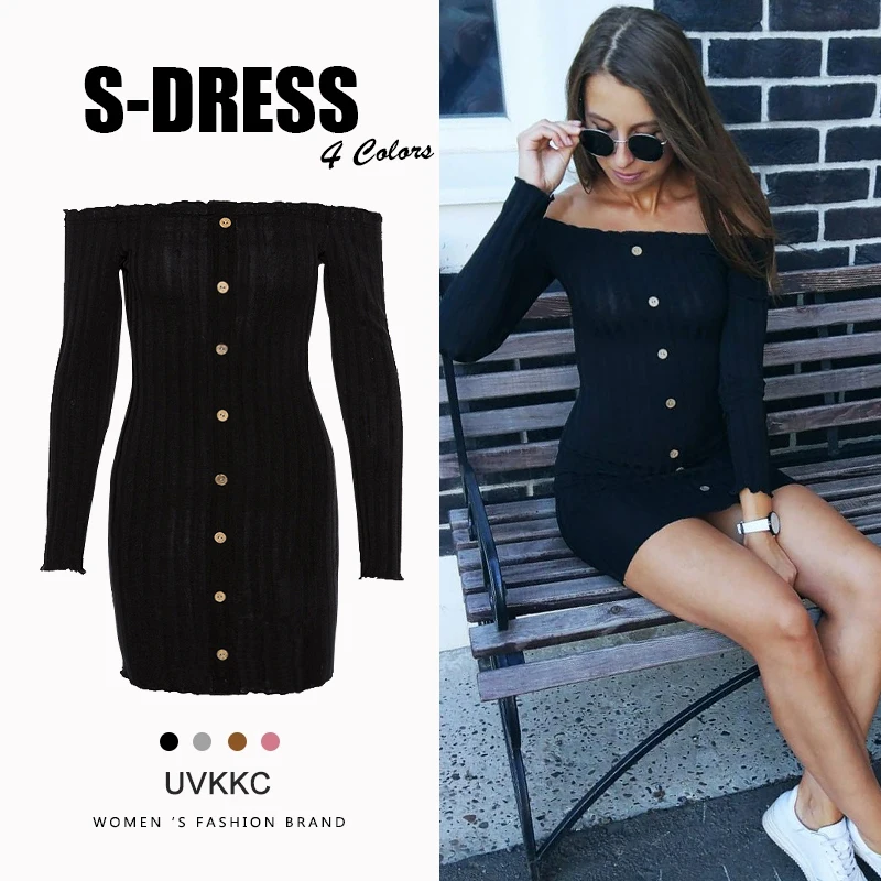 UVKKC женские вязаные платья 2019 осень мода с открытыми плечами Кнопка Bodycon длинным
