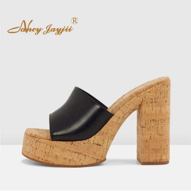 

Black White Platform Sandals Woman High Chunky Heels Natural Cork Slip On For Ladies Summer Footwear Large Size 11 16 Vacation