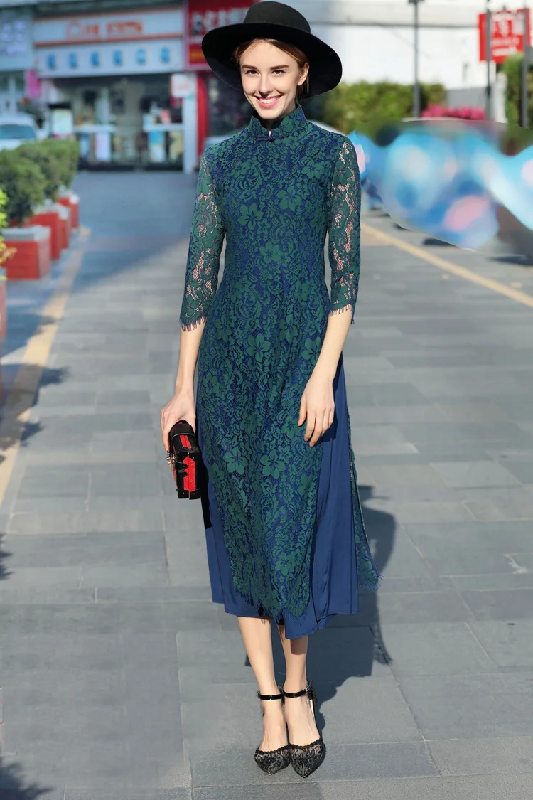 

Party Vietnam aodai Cheongsam vintage qipao long lace dress